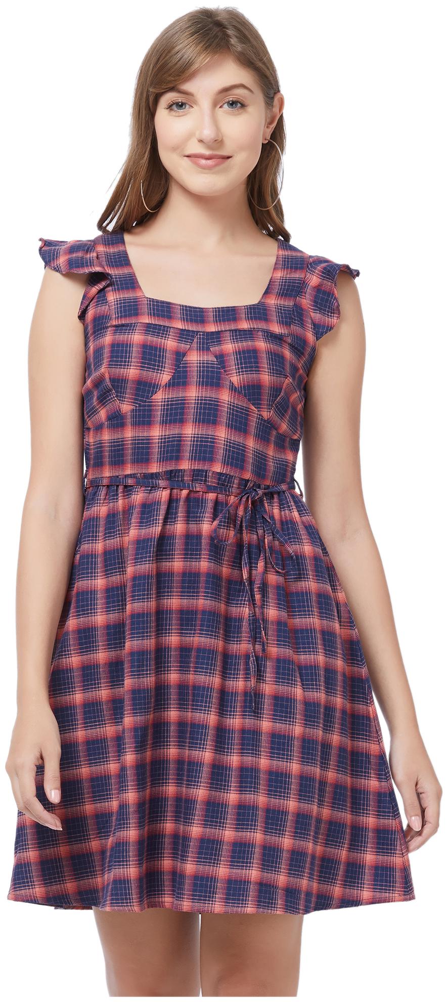 

109 F Blue Checked A-line dress