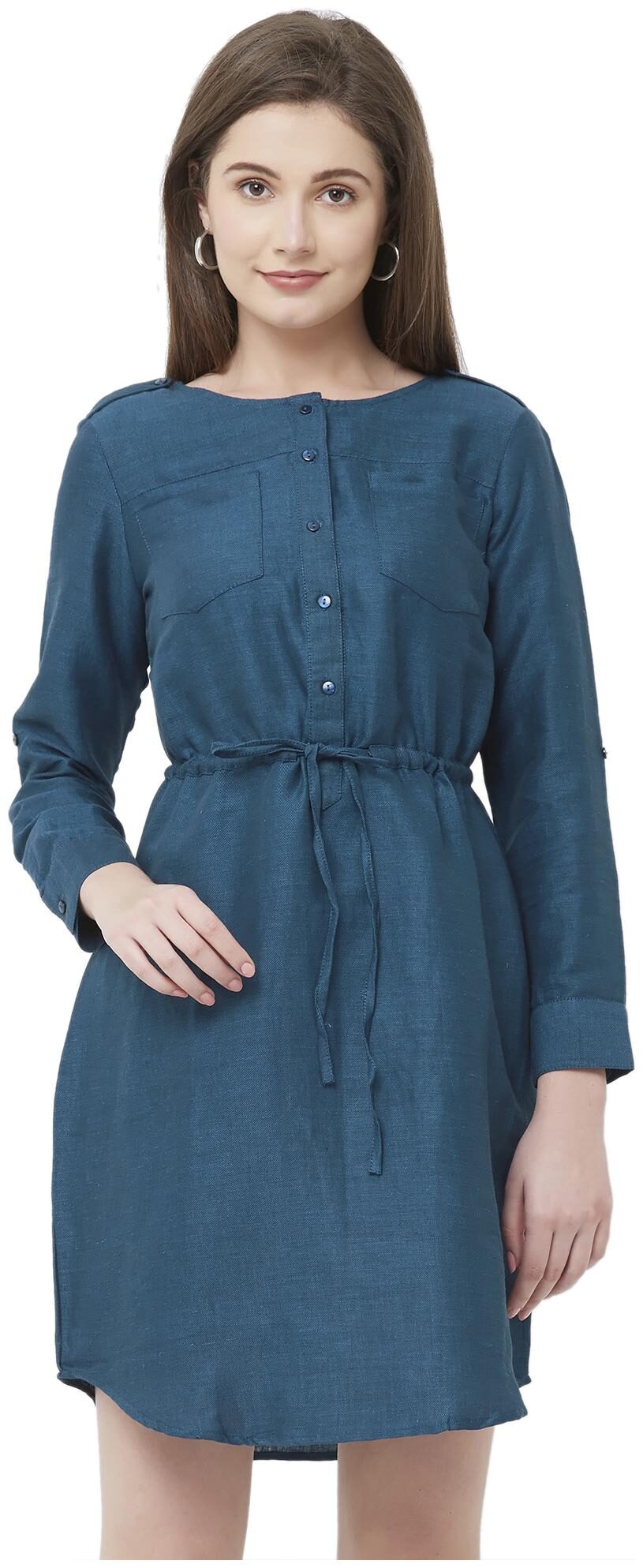 

109 F Navy Solid A-line dress