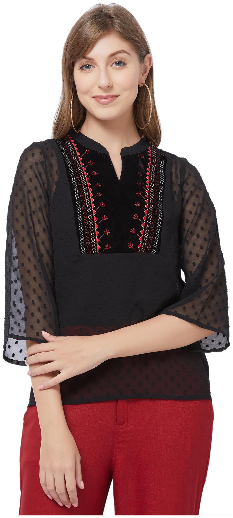 

109 F Polyester Self Design Women Black Regular Top