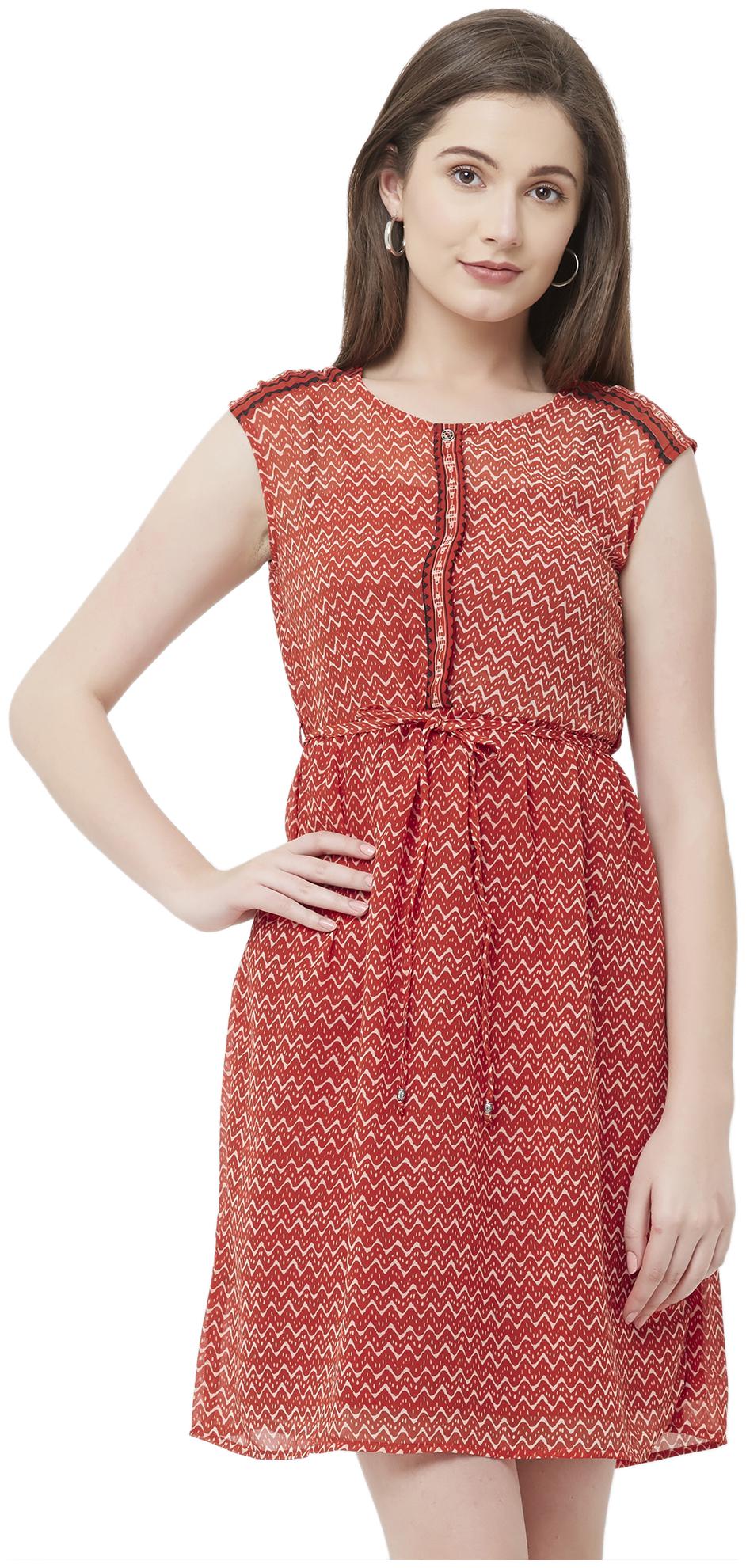 

109 F Red Geometric A-line dress