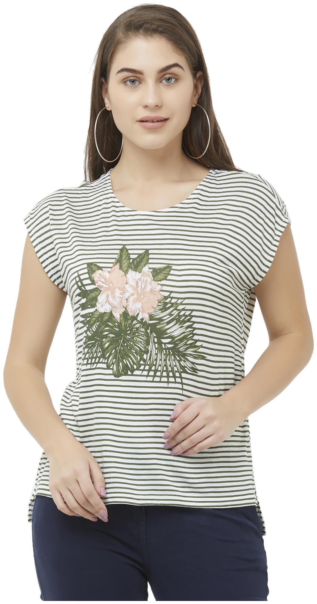 

109 F Women White Green Regular fit Round neck Viscose rayon T shirt