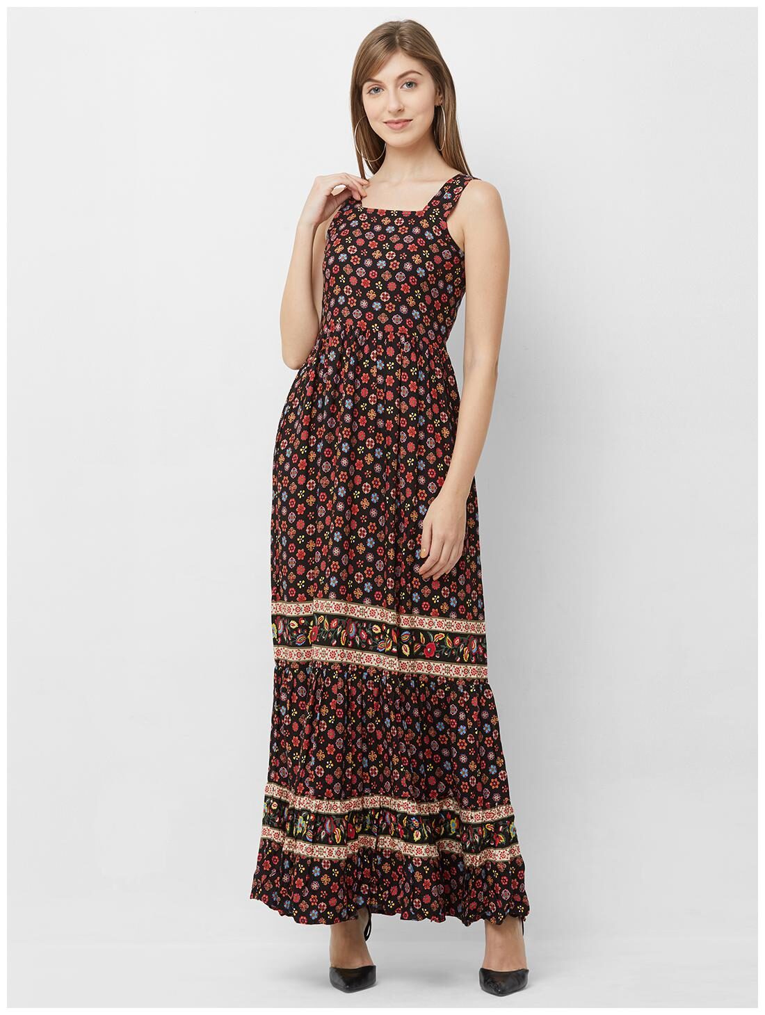 

109 F Women Viscose Rayon Floral A Line Dress Black
