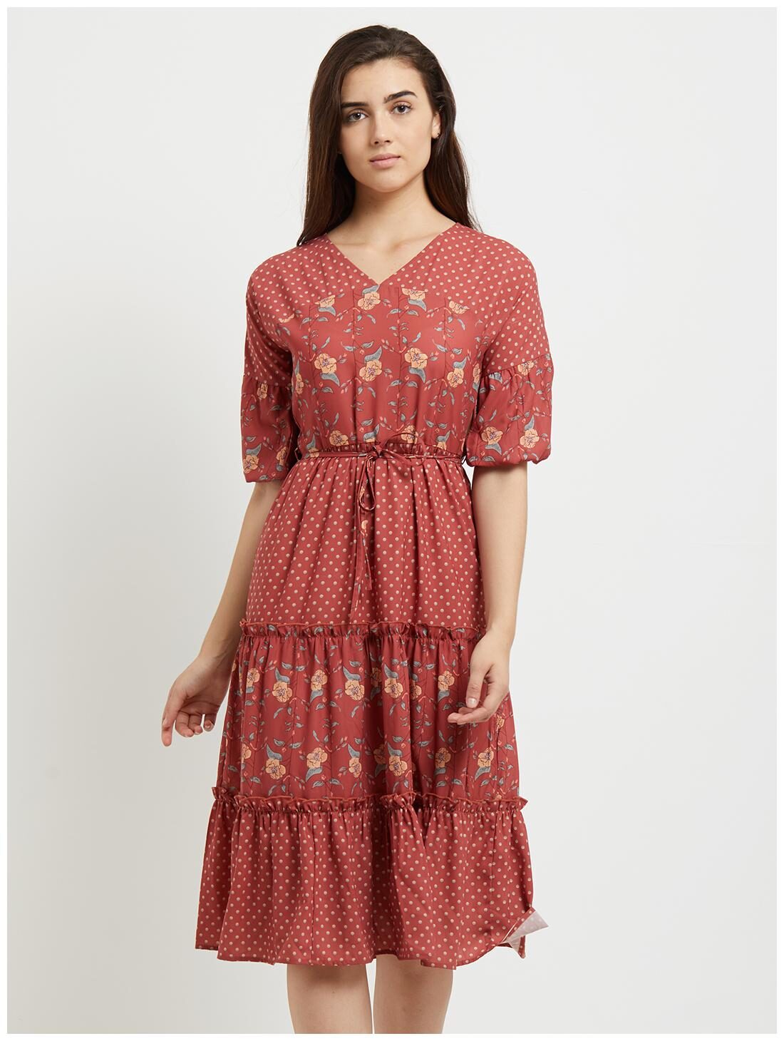 

109 F Women Viscose Rayon Printed A Line Dress Red