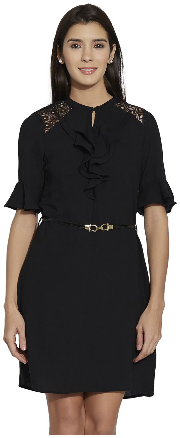 

109 F Women Polyester Solid A Line Dress Black