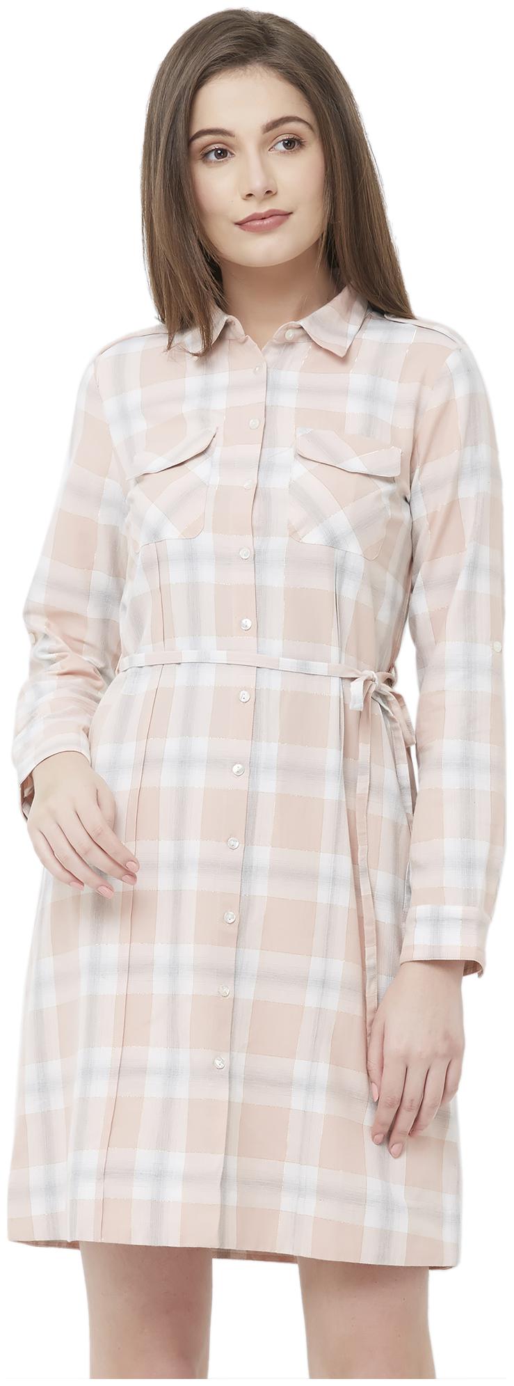 

109 F Women Cotton Checked A Line Dress Pink