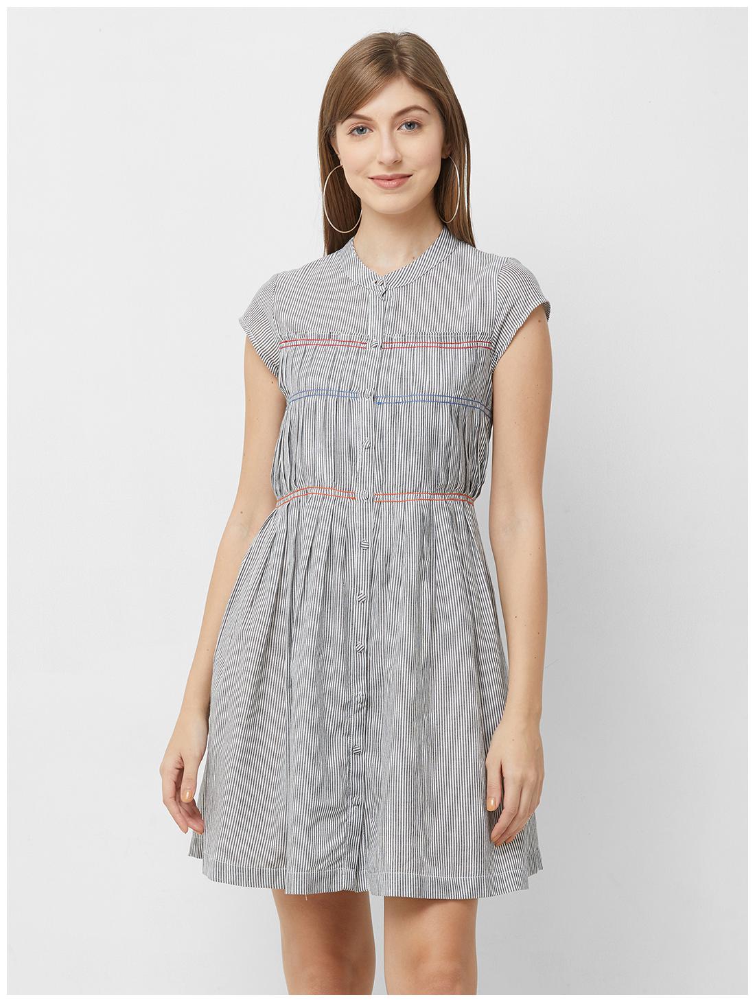 

109 F Women Blended Striped A Line Dress Grey