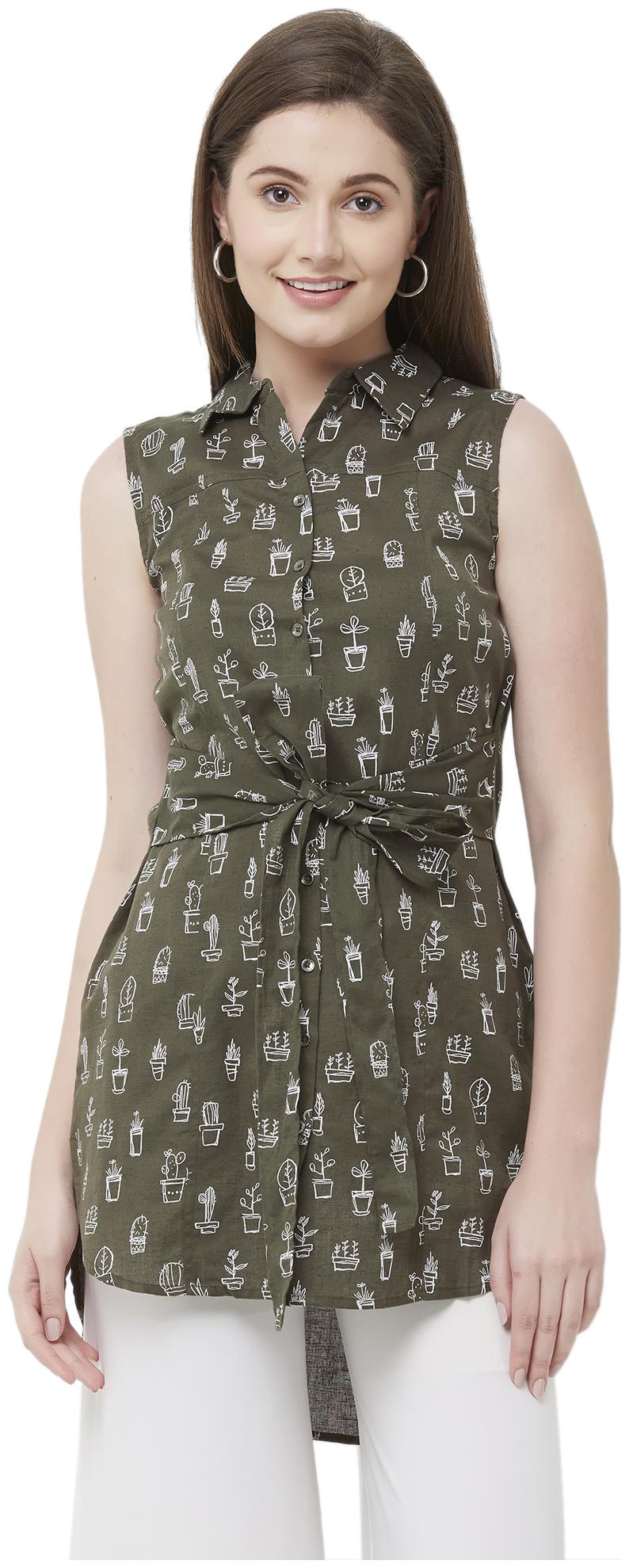 

109 F Women Green Printed Regular Fit Shirt