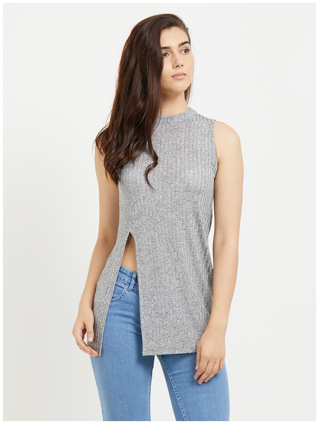 

109 F Women Solid Regular top - Grey