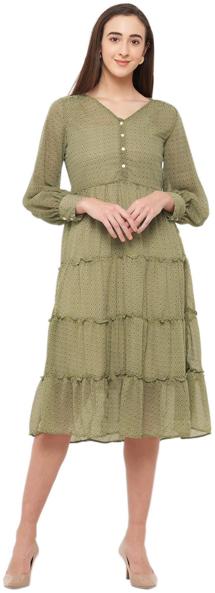 

109 F Women Polyester Printed A Line Dress Olive