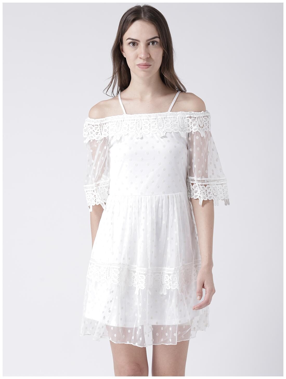 

109 F White Self design A-line dress