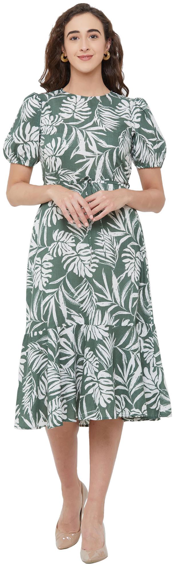 

109 F Women Polyester Printed A Line Dress Olive