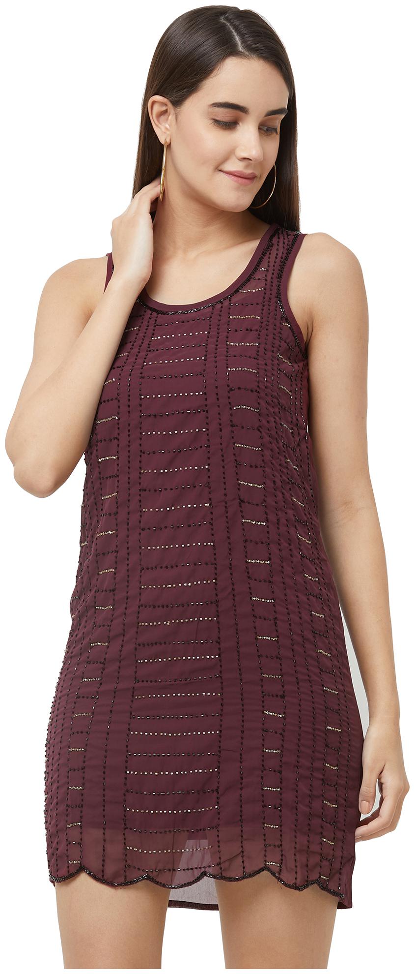 

109 F Women Polyester Self Design A Line Dress Maroon