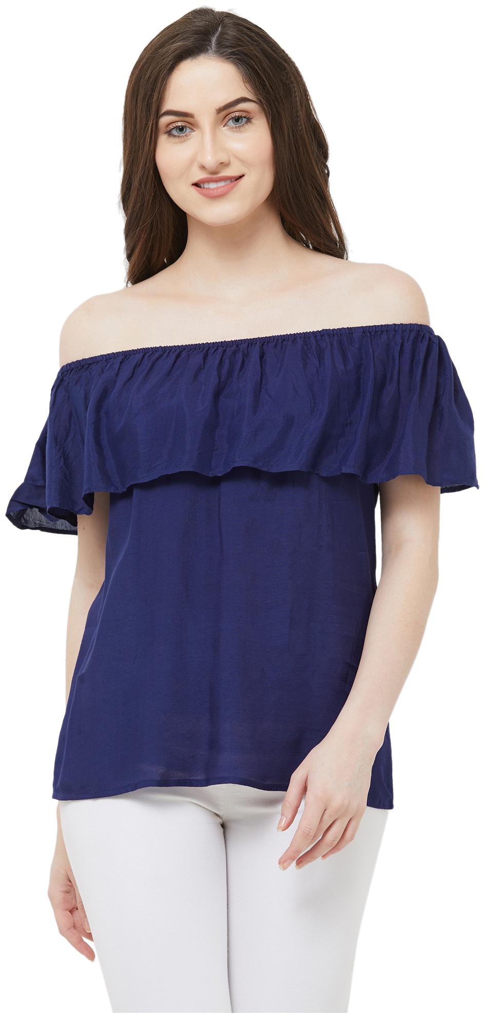 

109 F Women Polyester Solid A-Line Top Blue