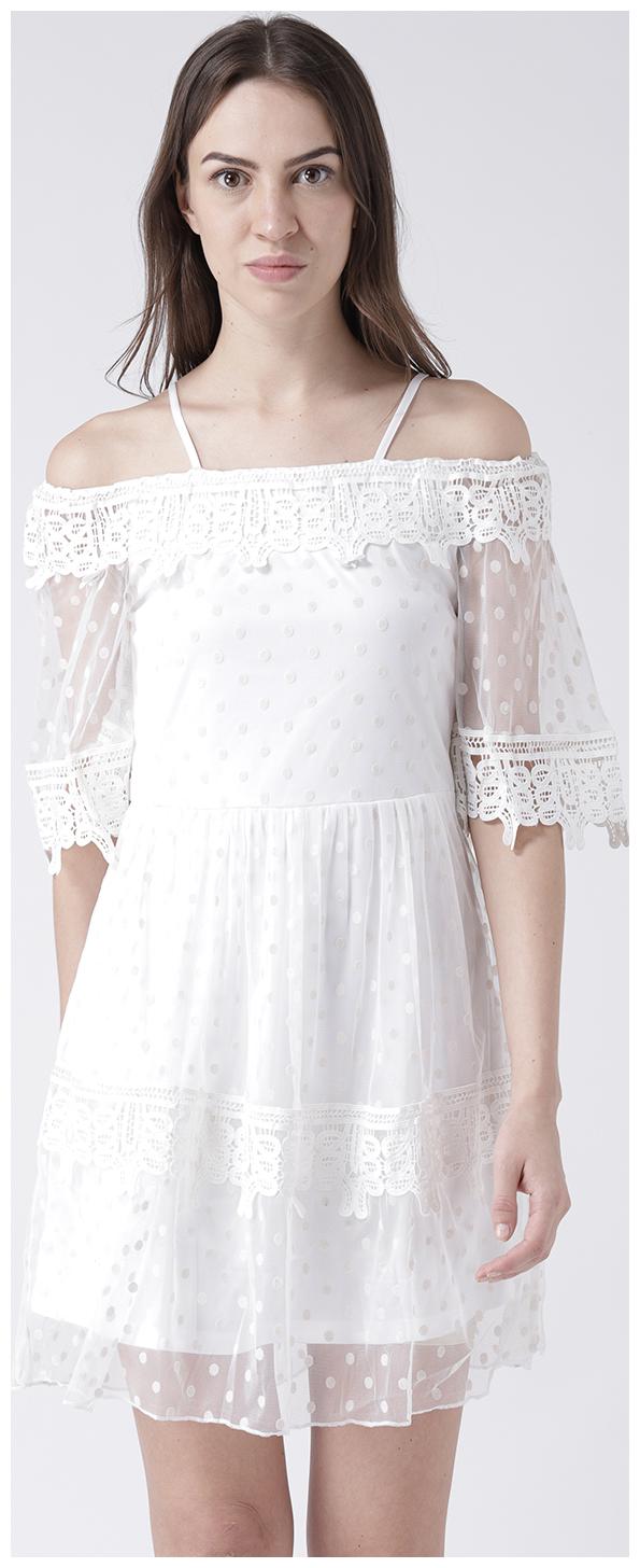 

109 F White Self design A-line dress