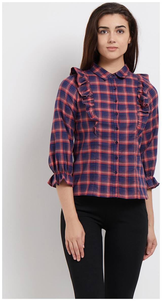 109°F Women Blue Checked Regular Fit Shirt