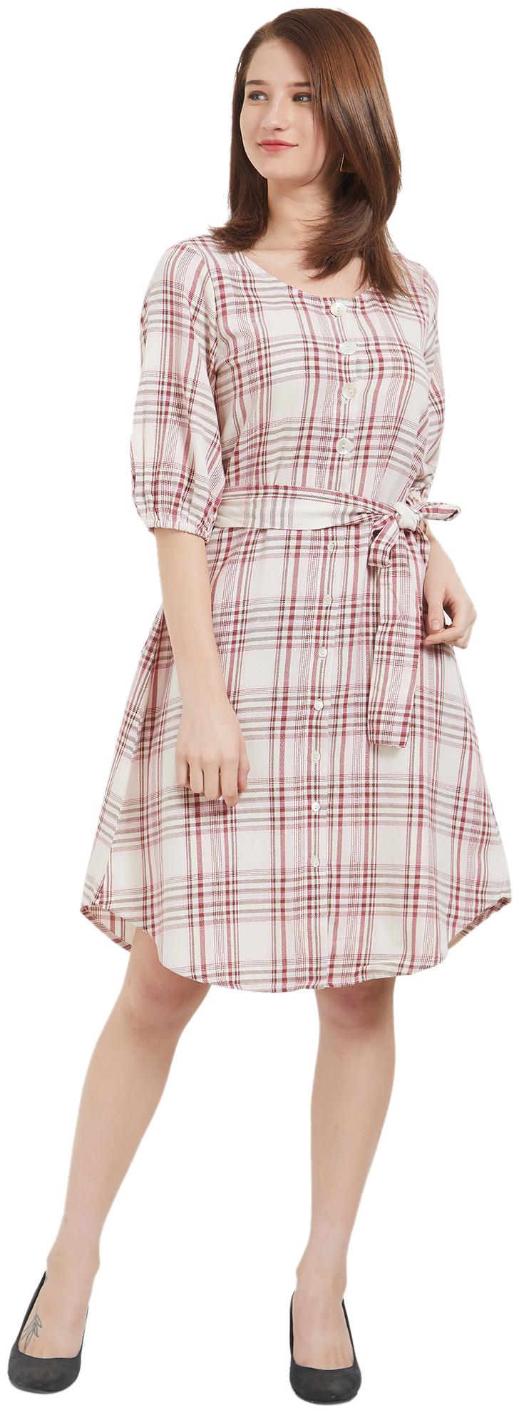 

109 F Brown Beige Checked A-line dress