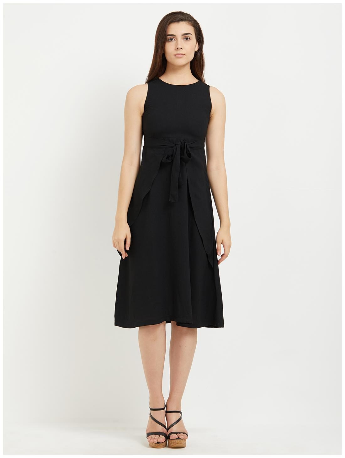 

109 F Women Polyester Solid A Line Dress Black