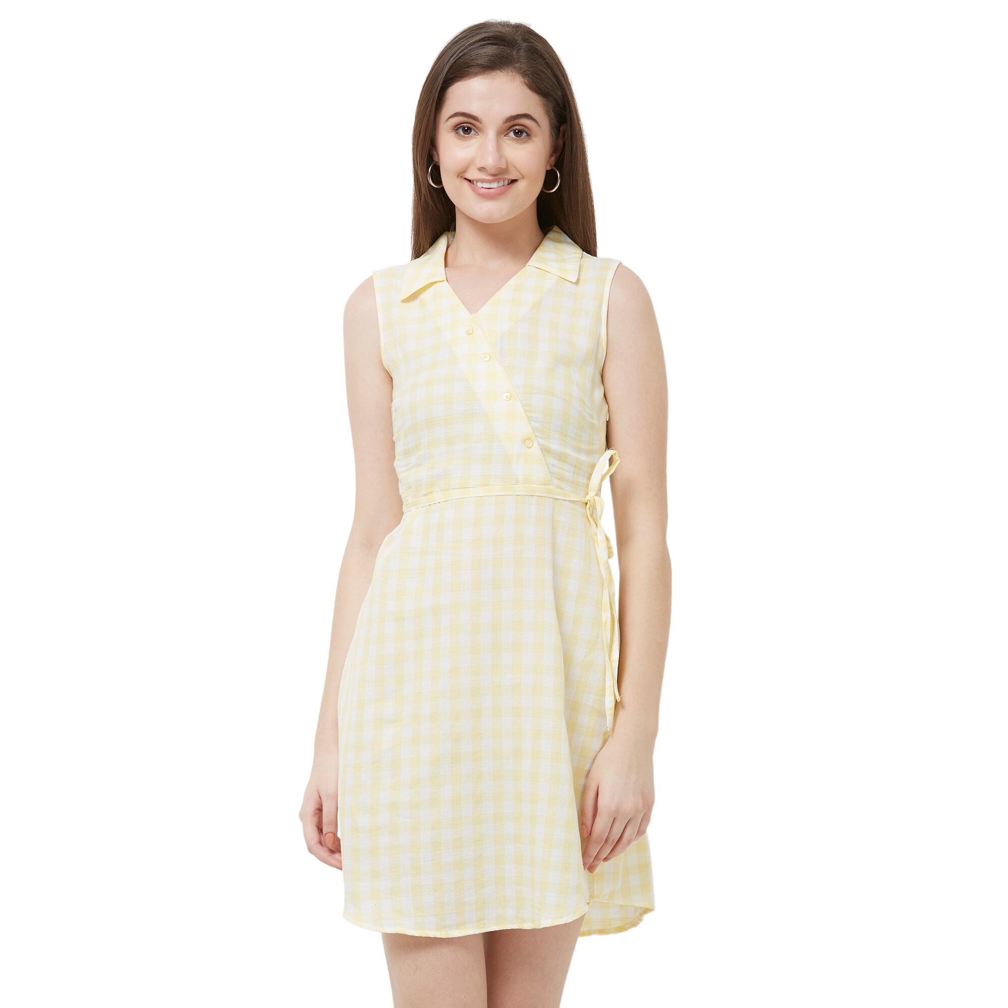 

109 F Yellow Checked A-line dress
