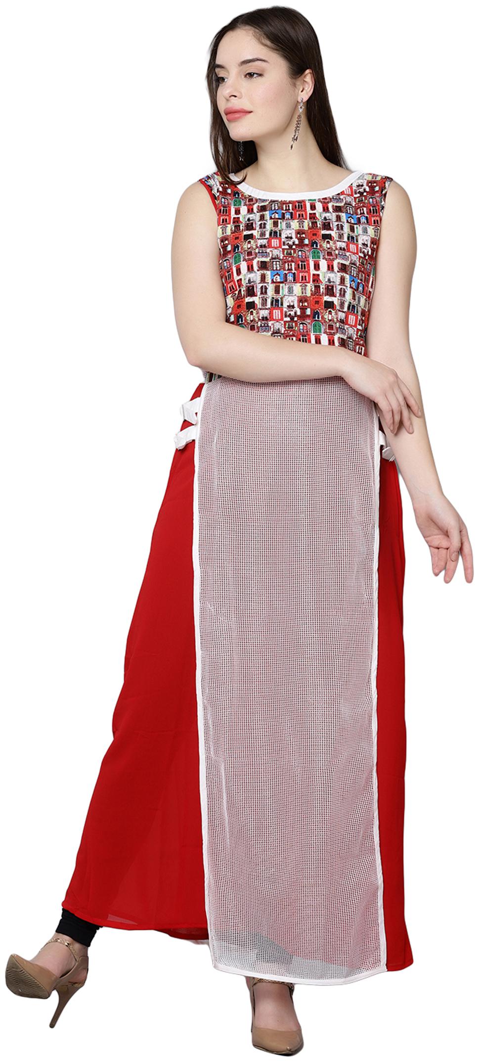 

18 Fire Women Red White Printed Straight Kurti