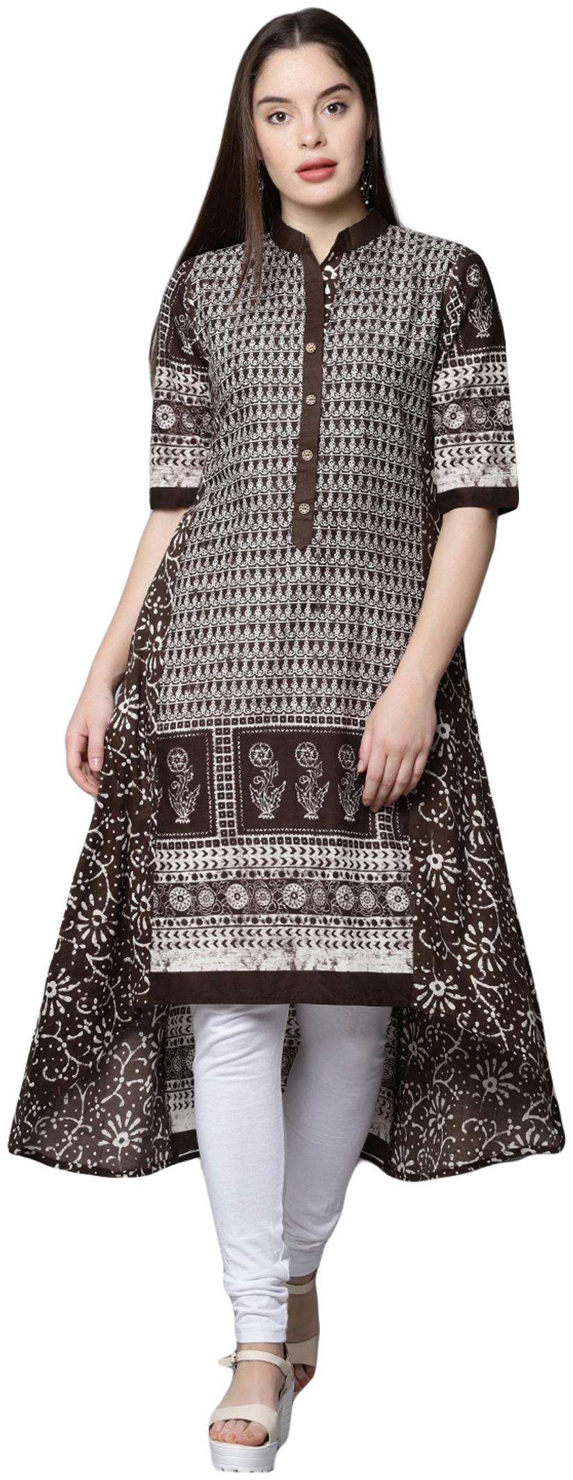 

18 Fire Women Brown Grey Printed Assymetrical Kurti