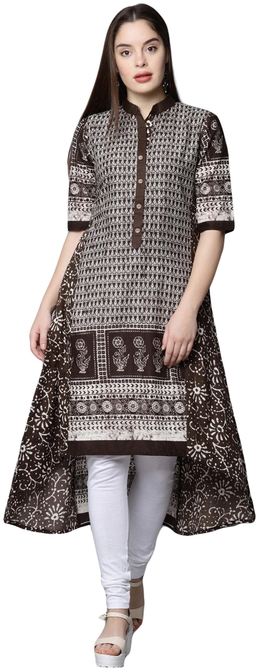 

18 Fire Women Brown Grey Printed Assymetrical Kurti