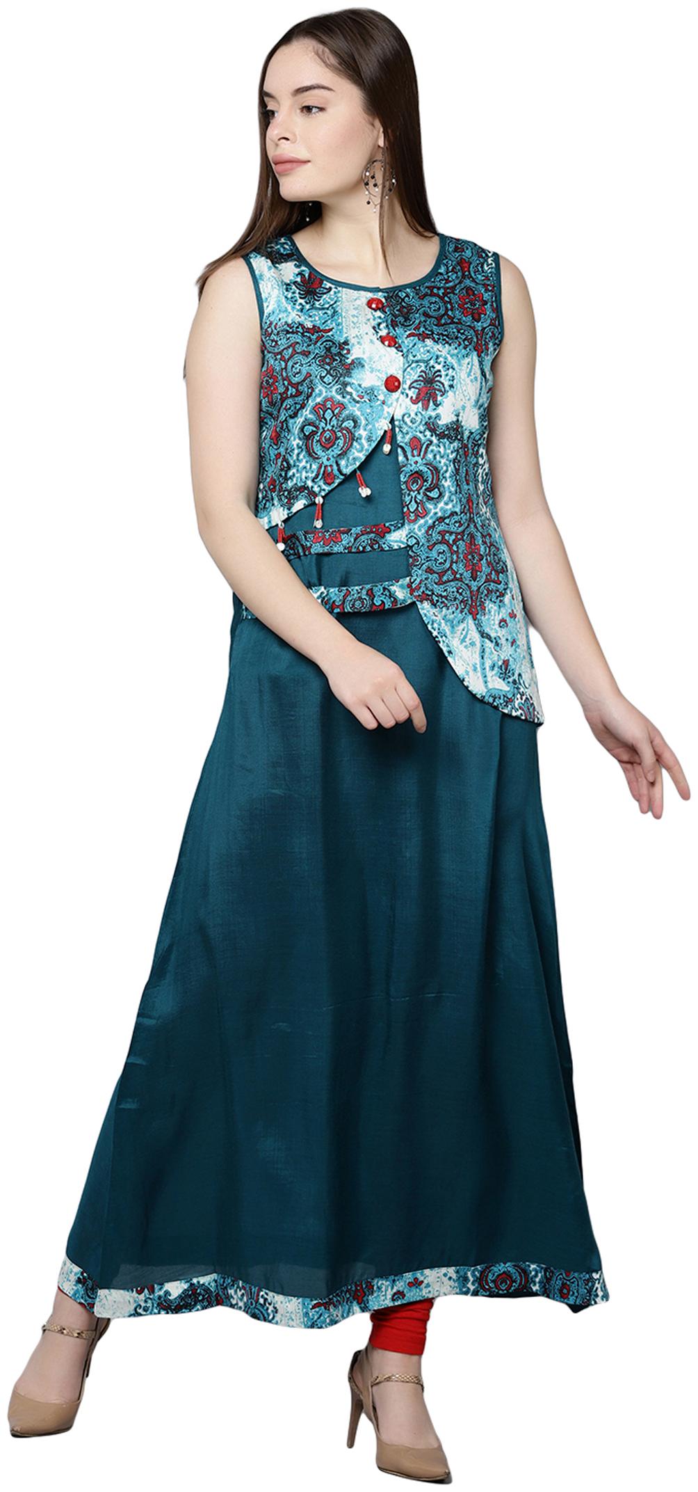 

18 Fire Women Blue Printed Assymetrical Kurta