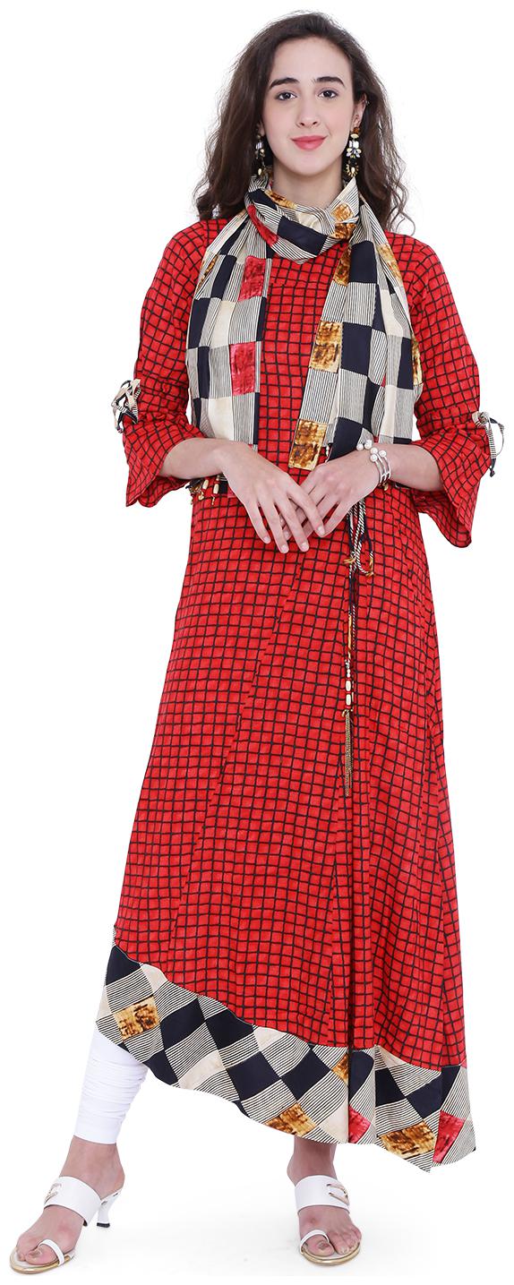 

18 Fire Women Red Checkered Assymetrical Kurti