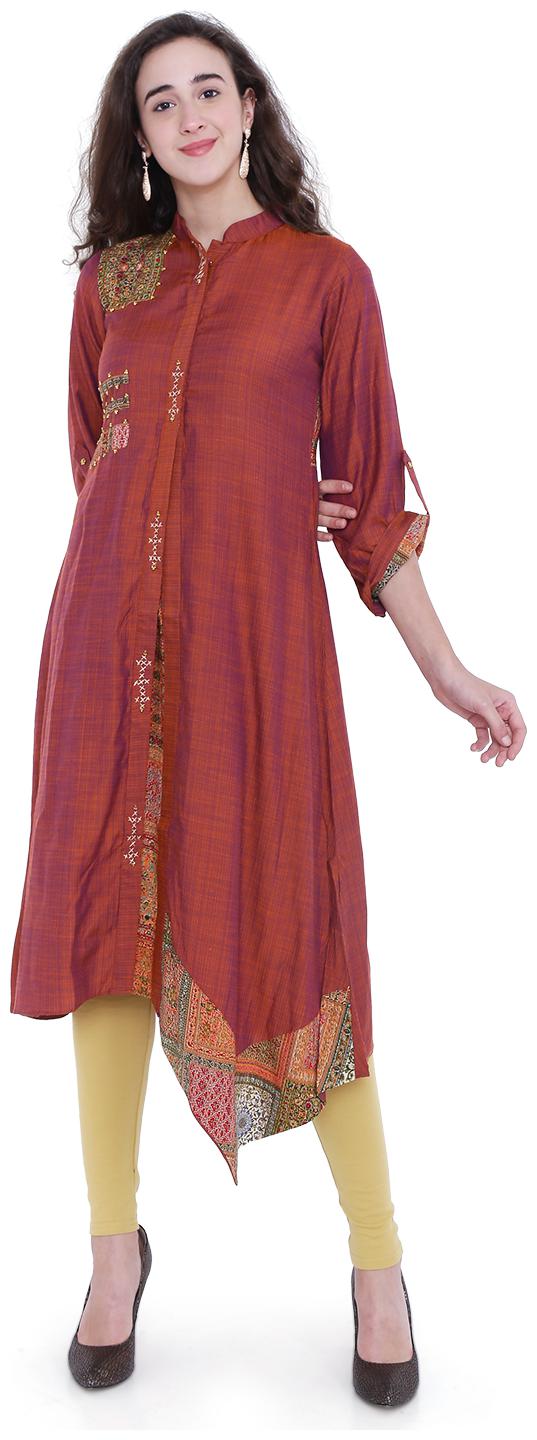 

18 Fire Women Brown Embroidered Assymetrical Kurti