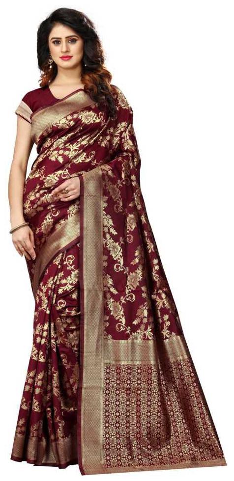 

2001 International Jacquard Floral Maroon Designer Saree Women