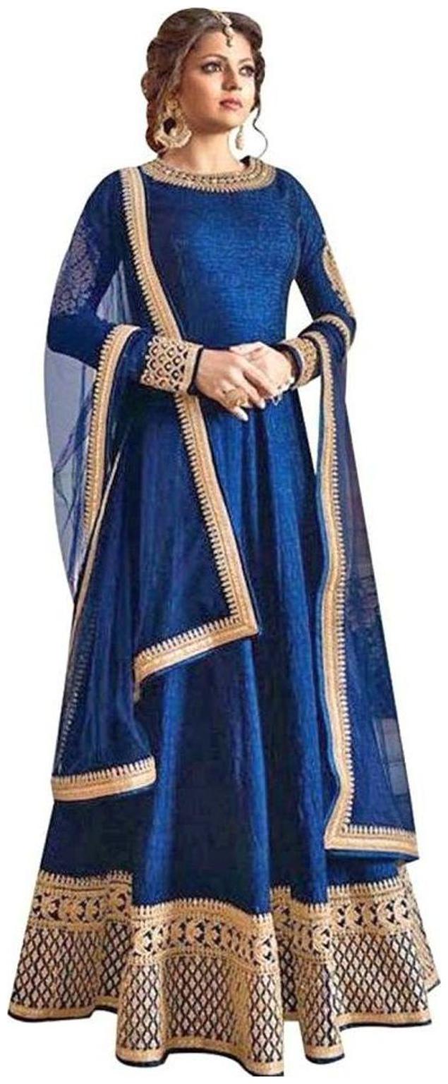 

2018New Latest Designer Blue Banglory Silk Embroidered Party Wear Anarakali Gown Semi Sttiched Dress For Women and Girl