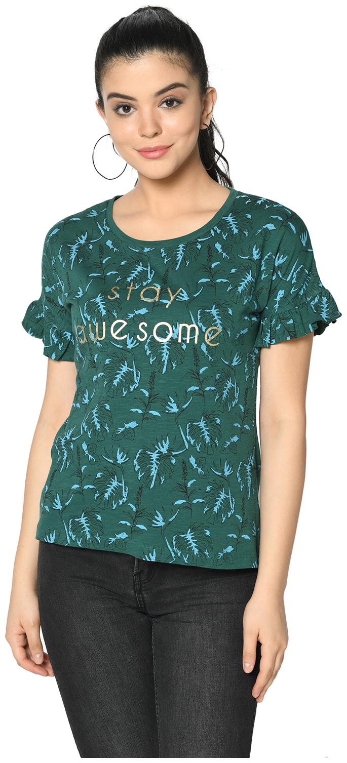 

2BMe Women Green Regular fit Round neck Cotton T shirt