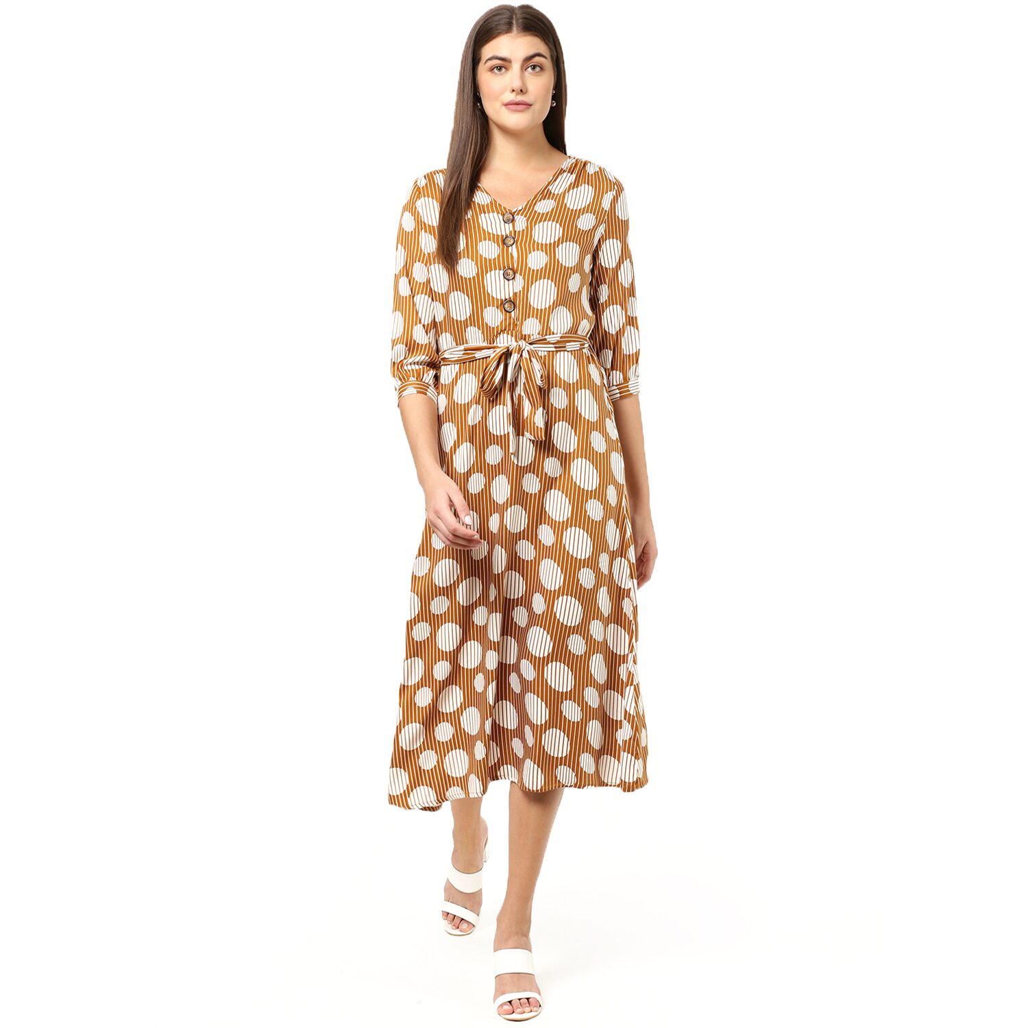 

2BMe Brown Striped Fit flare dress