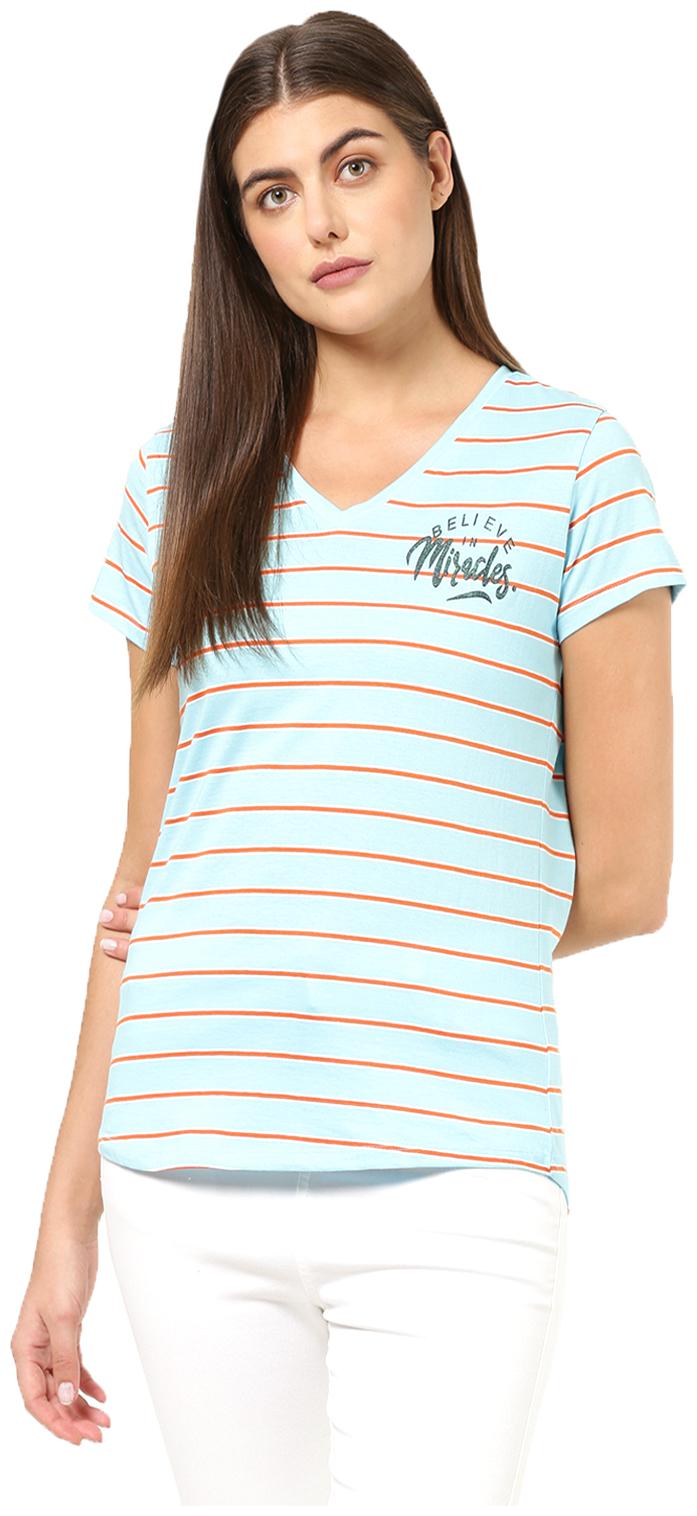 

2BMe Women Blue Regular fit V neck Cotton T shirt