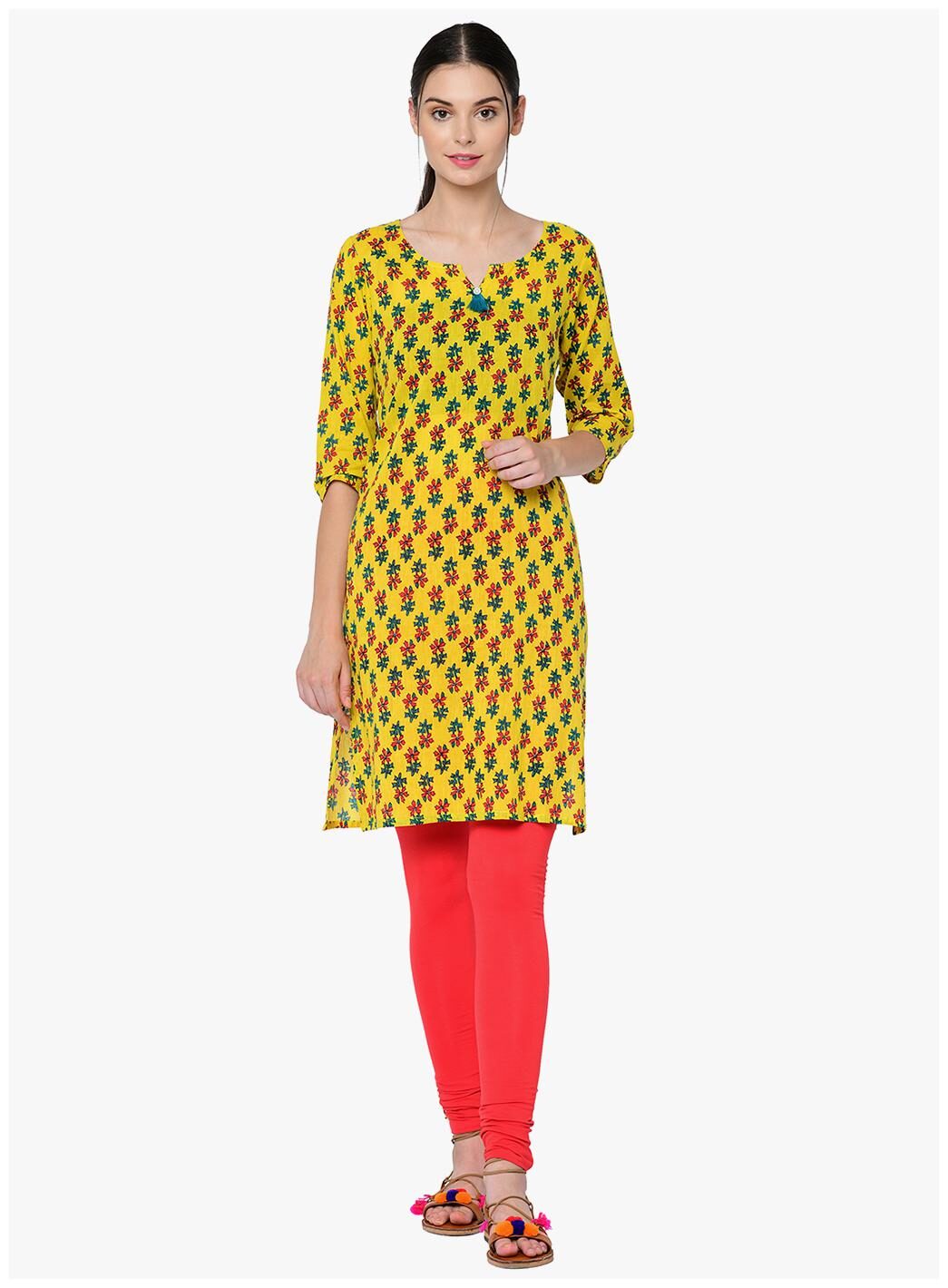 

2BMe Women Cotton Floral Yellow Kurta
