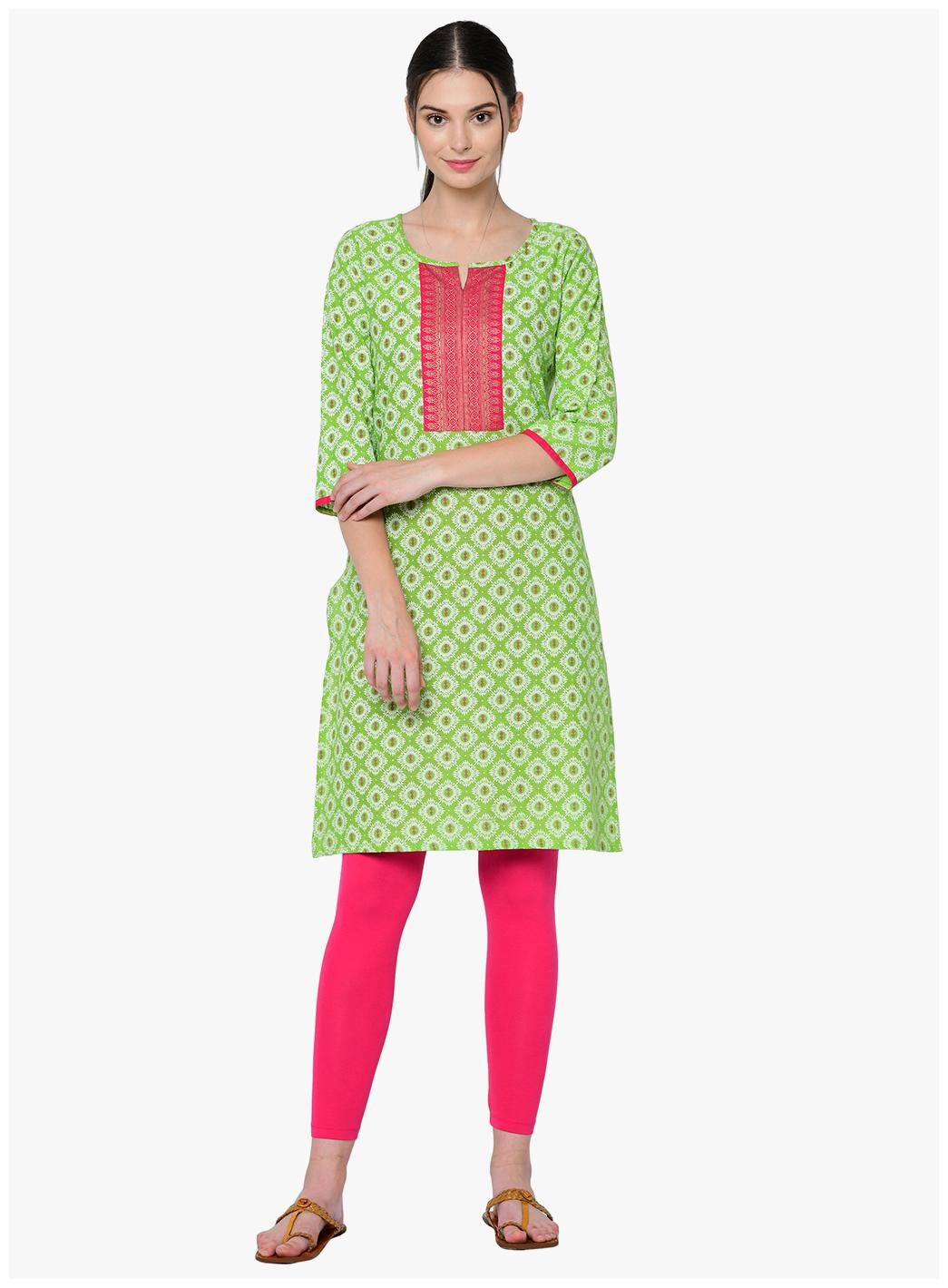 

2BMe Women Cotton Printed Green Kurta
