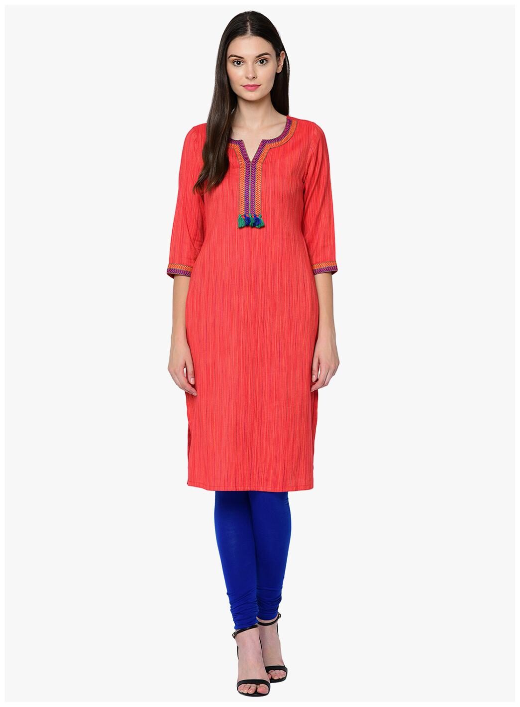 

2BMe Women Cotton Embroidered Red Kurta