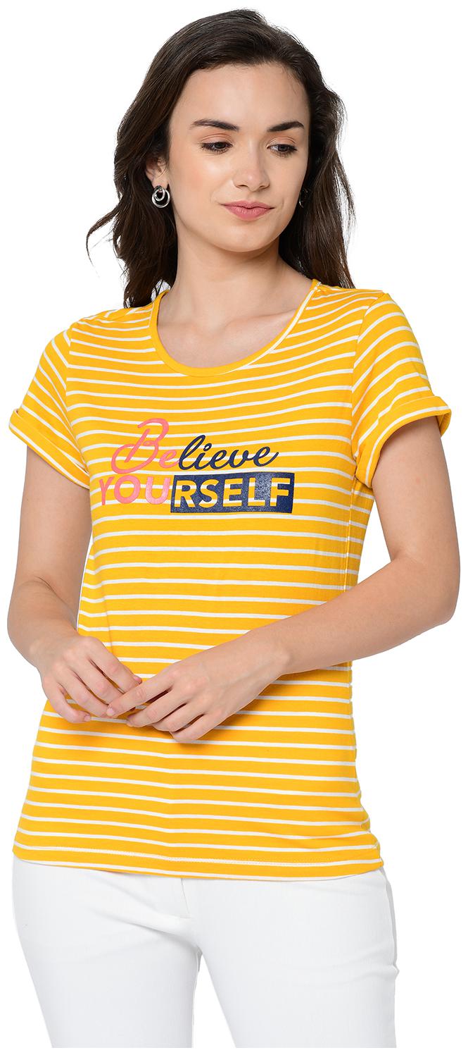 

2BMe Women Yellow Regular fit Round neck Cotton T shirt