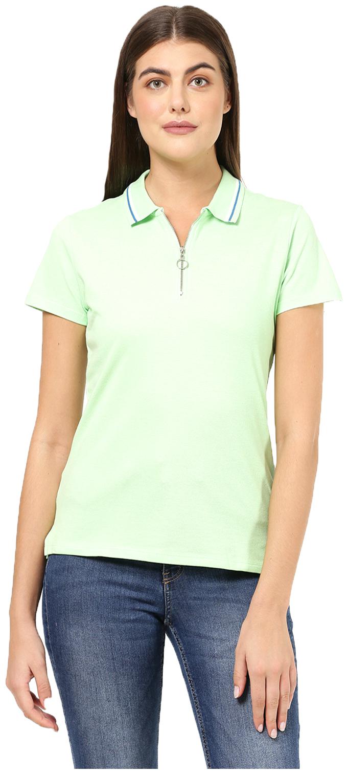 

2BMe Women Green Regular fit Polo neck Cotton T shirt