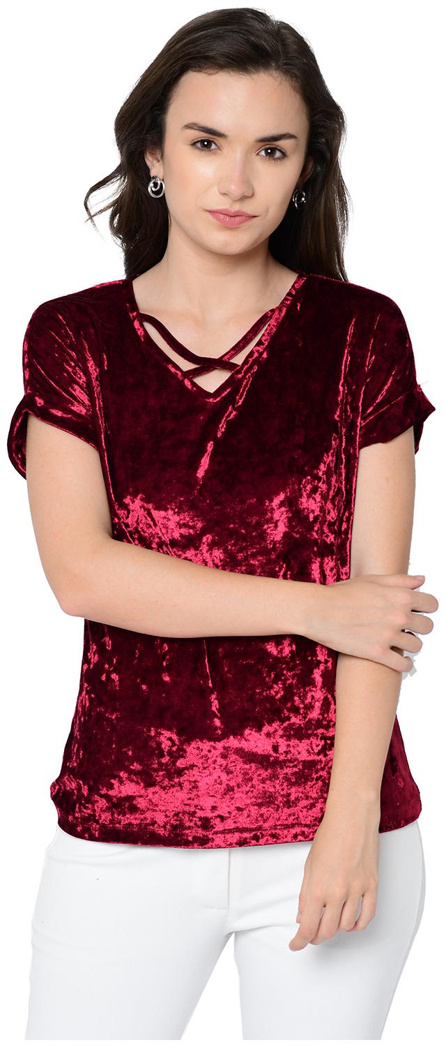 

2BMe Women Red Regular fit V neck Polyester T shirt