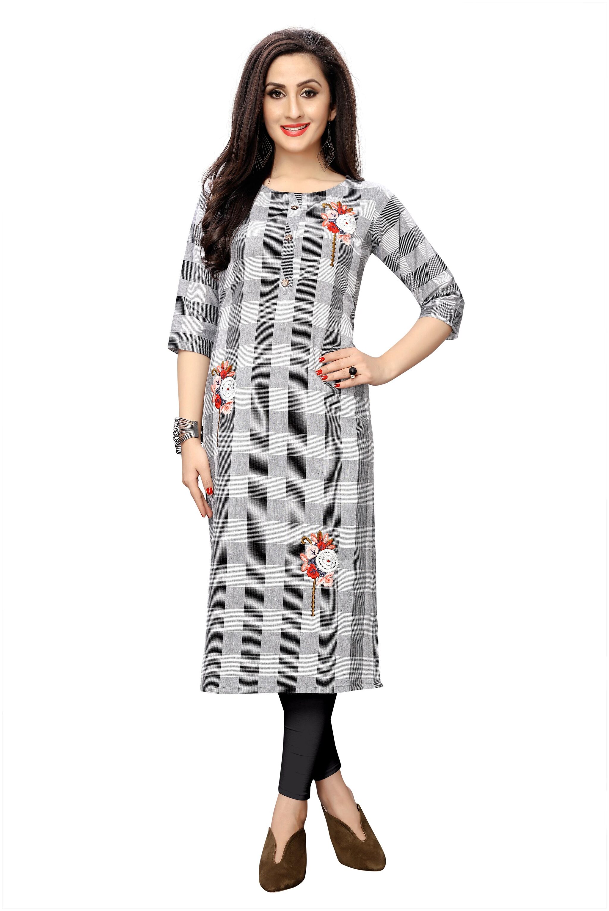 

4u Fashion Women Grey Checkered Straight Kurta