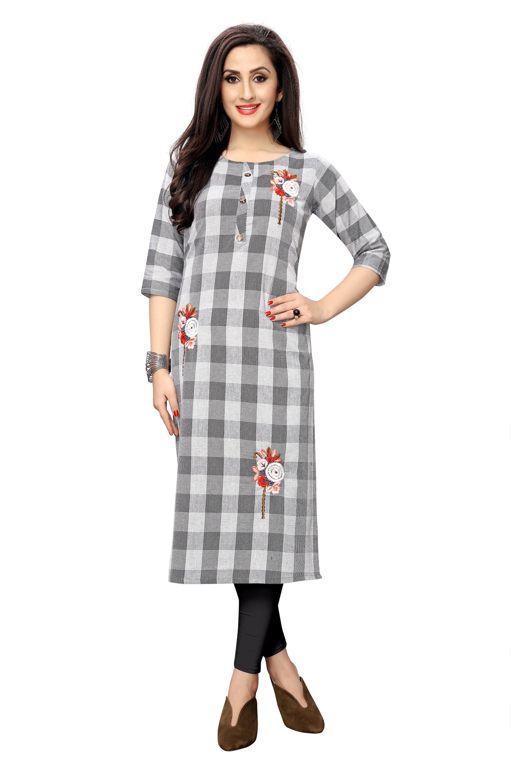 

4u Fashion Women Grey Checkered Straight Kurta