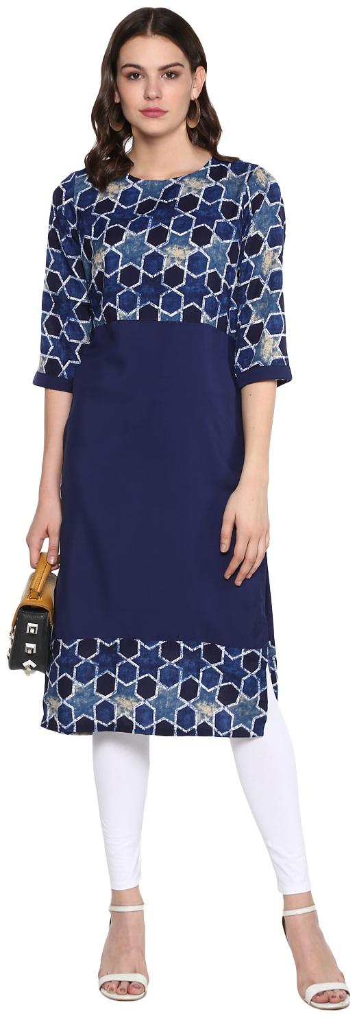 

7Fashion Women Navy Blue Printed Straight Kurta