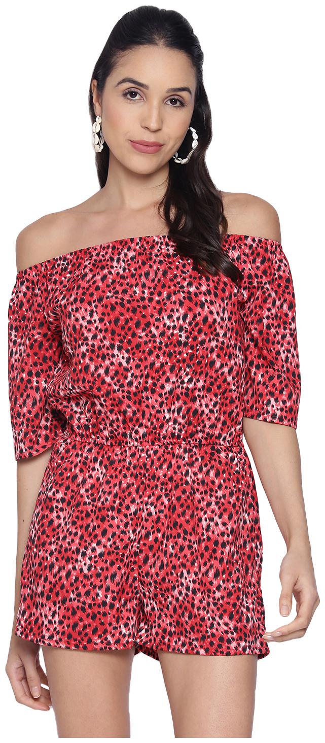 

9 Impression Womens Animal Print Off Shoulder Jumpsuit (Red)