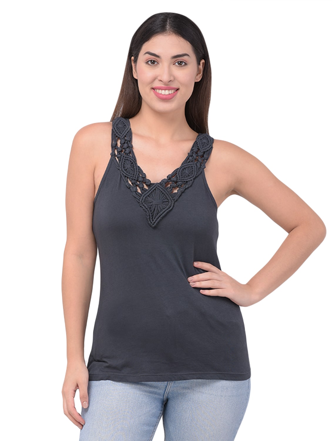 

92ELMNTS Women Grey Slim fit Shoulder strap neck Cotton Tank top