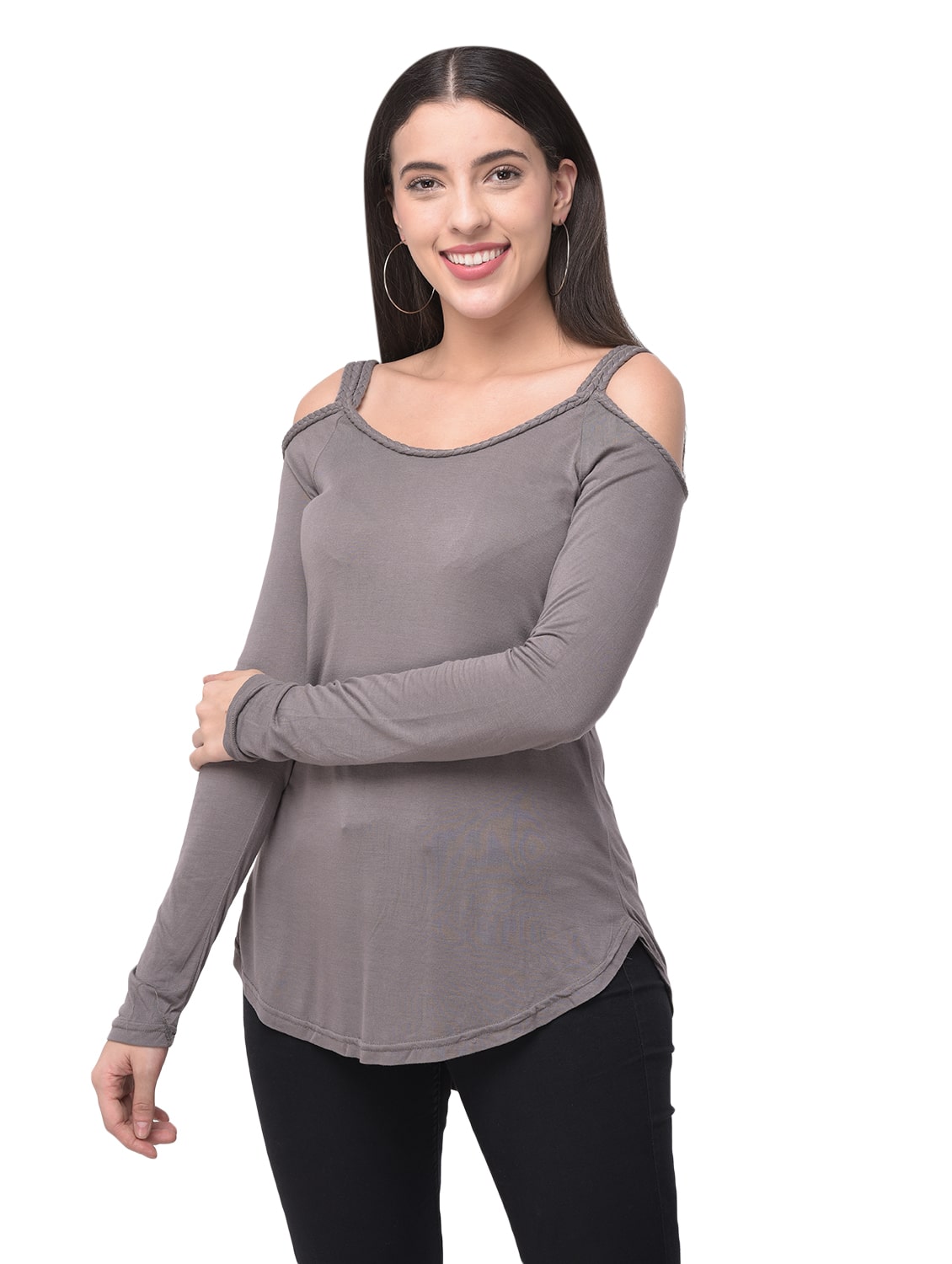 

92ELMNTS Women Grey Slim fit Shoulder strap neck Viscose rayon T shirt