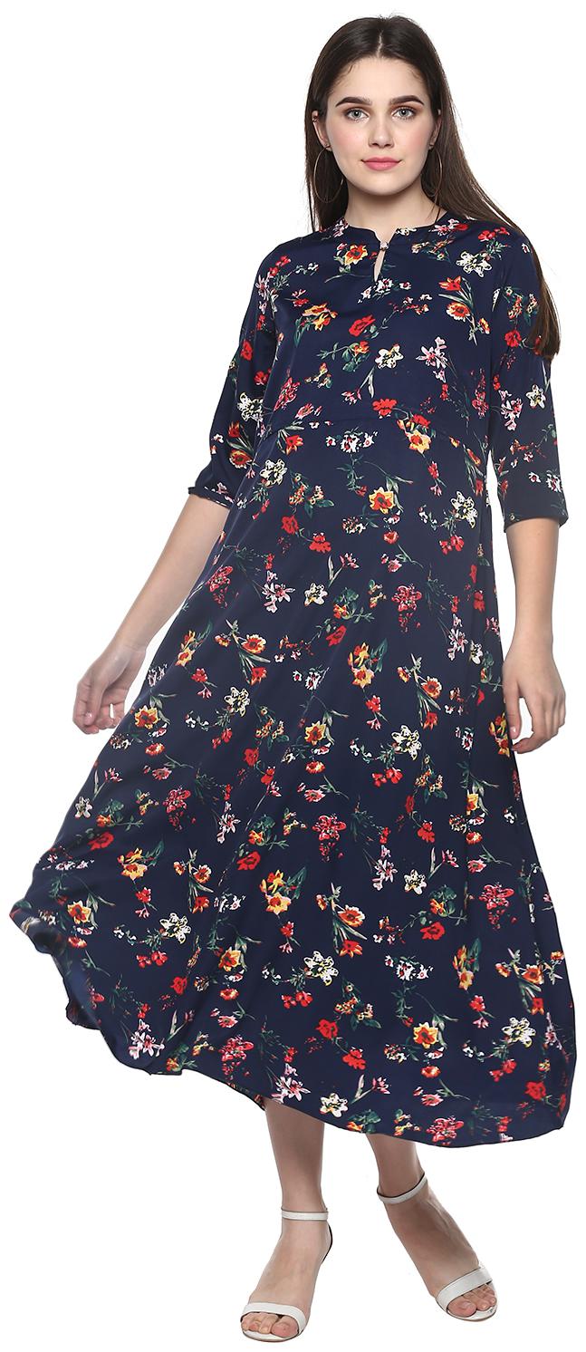 

9ZEUS Crepe Navy Blue Floral Fusion Dresses for Women