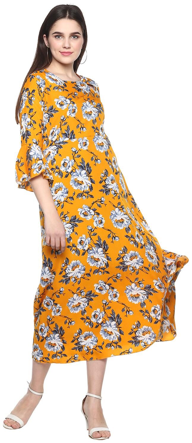 

9ZEUS Crepe Yellow Floral Fusion Dresses for Women