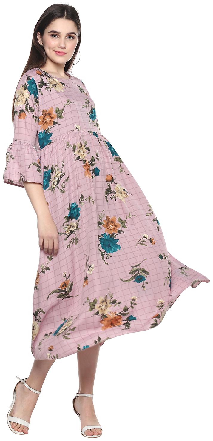 

9ZEUS Crepe Beige Floral Fusion Dresses for Women
