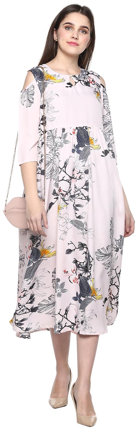 

9ZEUS Crepe Pink Floral Fusion Dresses for Women