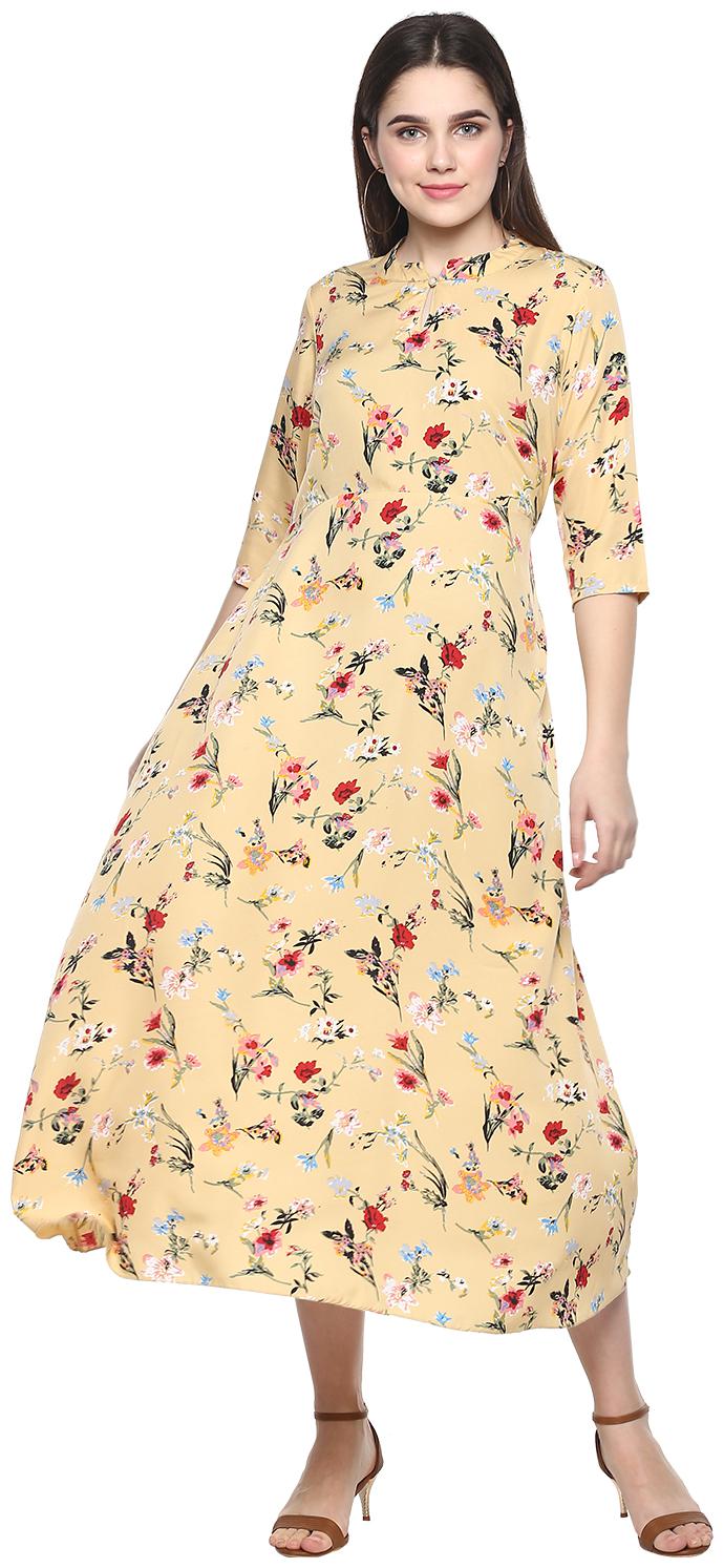 

9ZEUS Crepe Yellow Floral Fusion Dresses for Women